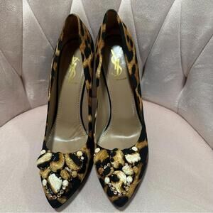YSL Yves Saint Laurent Pumps Fabric Patent Heels Black Leopard